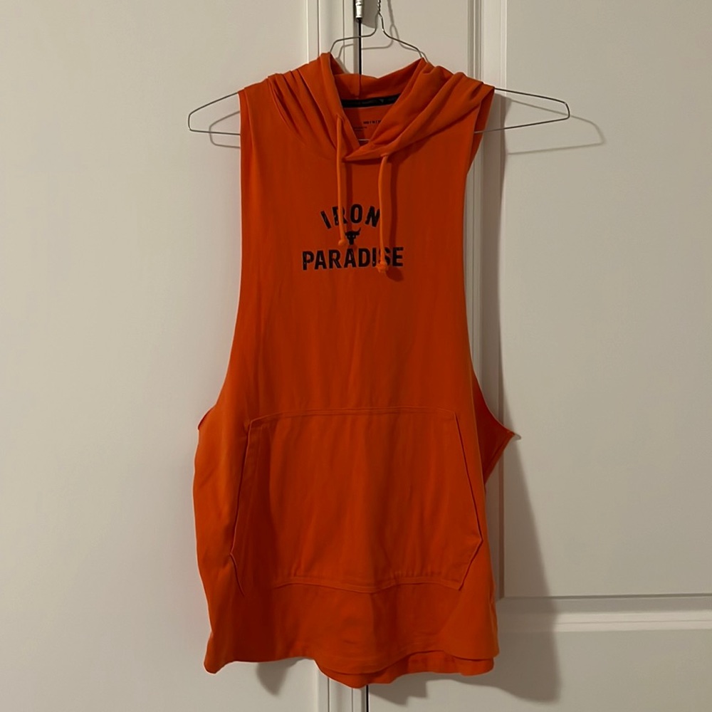 Under Armor Project Rock Iron Paradise Tank top w hoodie, size med, color orange